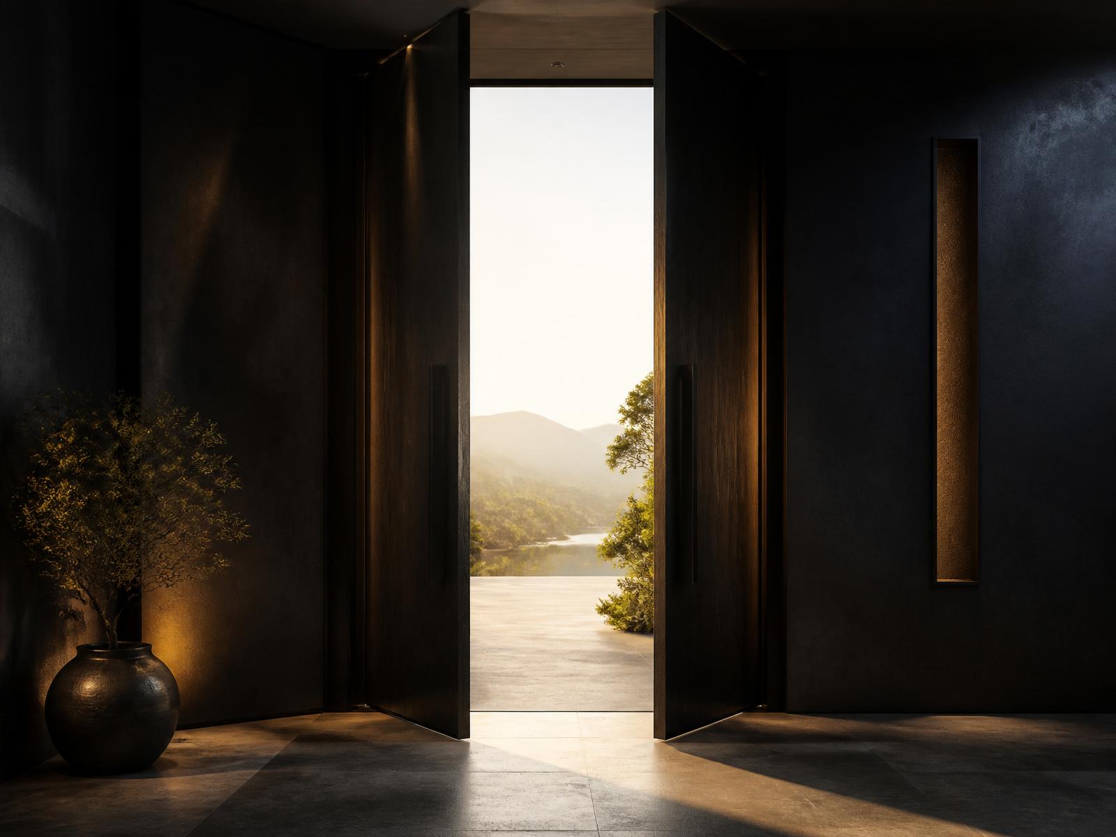 Two elegant architectural doors opening onto a bright sunlit landscape.